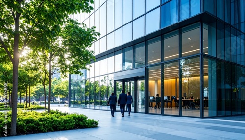 modern office building with glass facade, trees in front