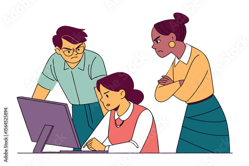 Frustrated colleagues confronting a struggling employee working late on a computer showing disappointment and stress