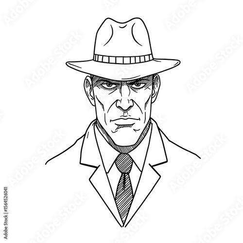 Detective character wearing a fedora hat and a suit illustration  