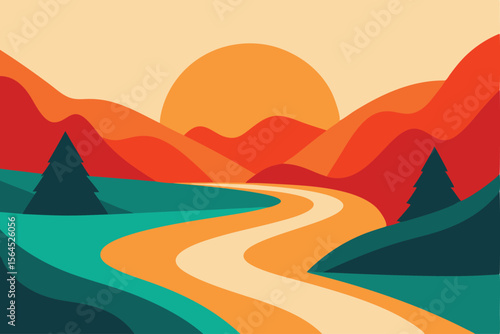 Serene Sunset Landscape Abstract Mountain River Scene