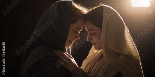 Meeting of pregnant Mary and Elizabeth. Illustration of the Gospel event, for biblical publications