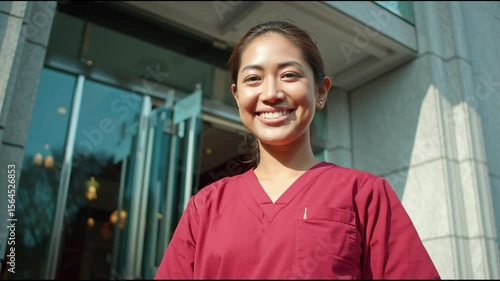 Portrait of a smiling young Asian female nurse in a red uniform standing outside a clinic.