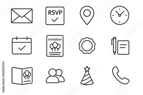 Event planning icons set with rsvp, invitation, and calendar symbols