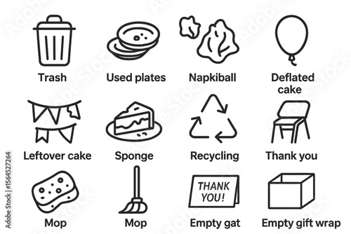 Used plates and napkiball with empty gift wrap and deflated cake icons