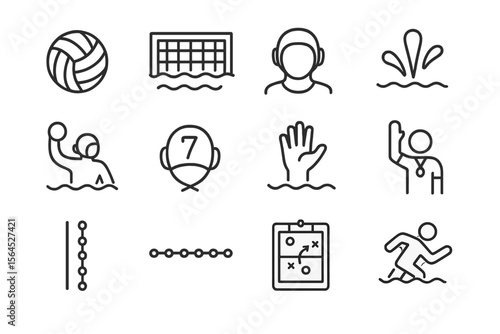Water polo icons set featuring players and strategic elements