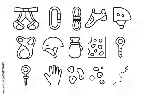Climbing gear icons set: harness, carabiner, rope, helmet, shoes, glove