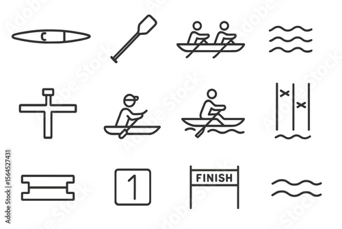 Monochrome rowing icons: boats, paddles, waves, finish line, numbers