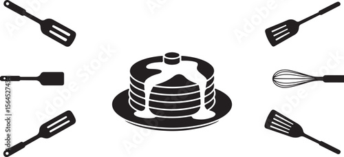 stacked pancake silhouette with syrup, fluffy pancakes with topping vector, breakfast pancake food icon