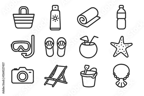 Beach essentials icons: bag, sunscreen, snorkel, sandals, coconut, starfish