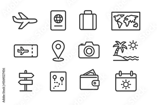 Travel icons: airplane, passport, luggage, map, camera, destination, wallet