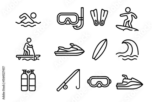 Outline icons of water sports activities and equipment in black background