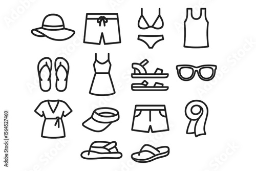 Set of minimalist summer clothing and accessories icons in black