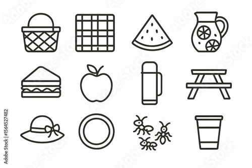 Picnic icon set with basket, food, drink, and ants