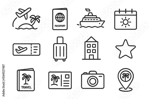Travel icons set: plane, passport, cruise, suitcase, camera, map