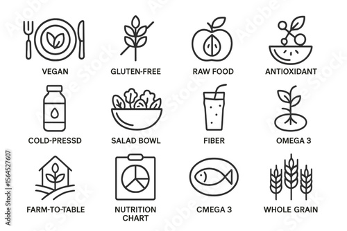 Healthy food icons: vegan, gluten-free, raw, antioxidant, omega-3, whole grain