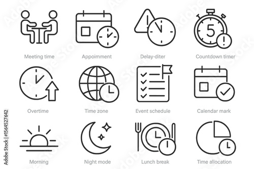 Time management icons - calendar, clock, timer, schedule, overtime