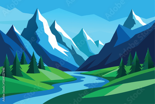Serene Mountain Valley Landscape River, Peaks, and Lush Green Fields Illustration