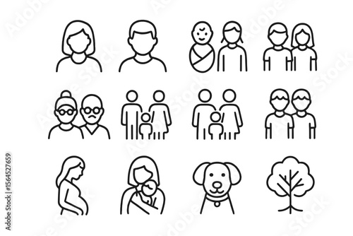 Minimalist line art of diverse people and families with pet and tree