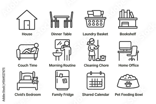 Home icons: furniture, chores, lifestyle symbols for organizing spaces