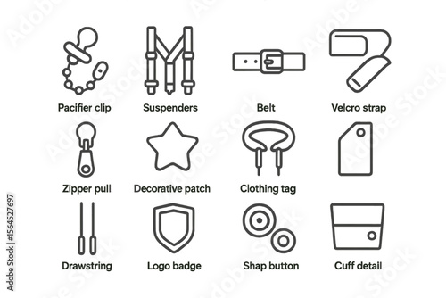 Clothing accessories icons: pacifier clip, belt, velcro strap, zipper pull