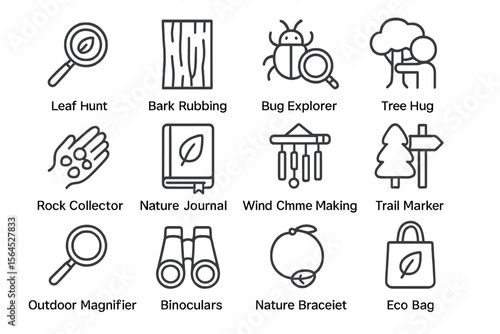 Outdoor activities icons: exploration, nature, adventure, sustainability, observation