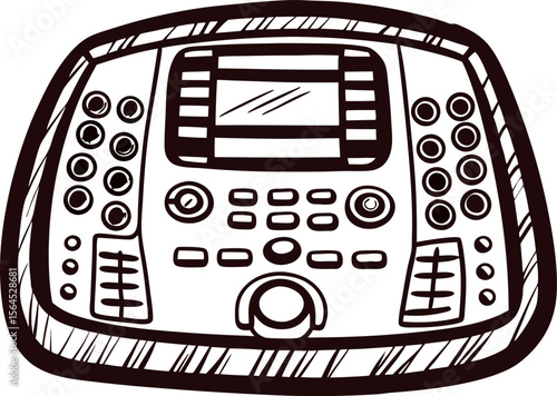 Hand drawn hospital ultrasound machine control panel with buttons and display, isolated sketch illustration