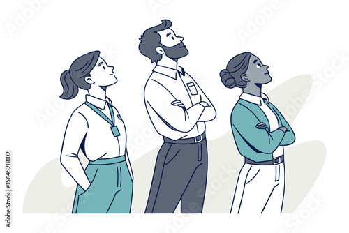 Diverse group of professionals looking upwards with thoughtful expressions symbolizing ambition hope and future aspirations in a collaborative setting