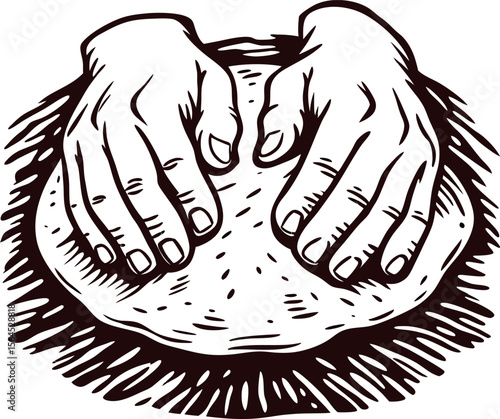 Hands kneading dough circle on rustic surface vintage engraved illustration for bakery or bread making