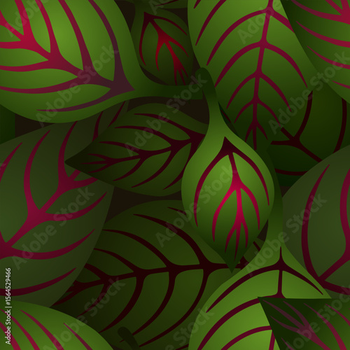 Bright seamless leaf pattern with pink beet colored veins and bold green gradients