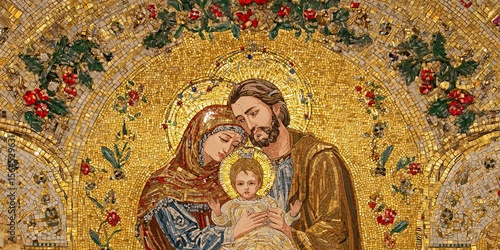 Golden mosaic depicting the holy family, a woman, man, and child, for religious and Christmas concepts.