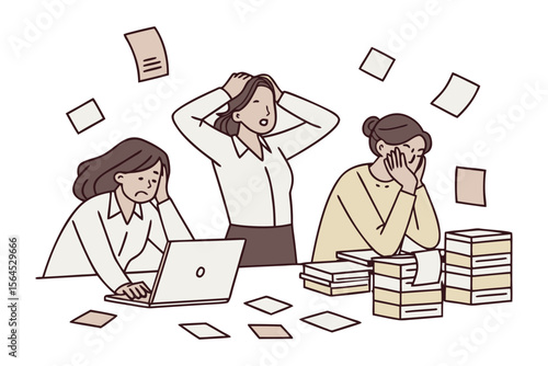 Three stressed women overwhelmed by work surrounded by scattered papers and stacks of documents feeling exhausted and frustrated