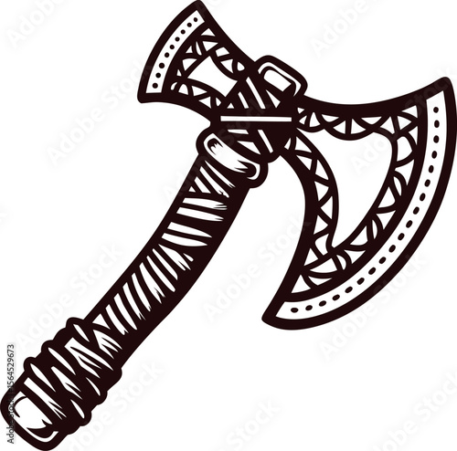 Ornate hand drawn viking axe with detailed engraved patterns and wrapped handle isolated on white background