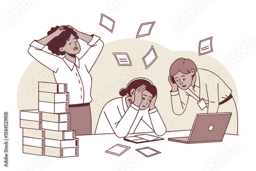 Three stressed office workers overwhelmed by tasks and paperwork experiencing burnout and anxiety in a chaotic work environment