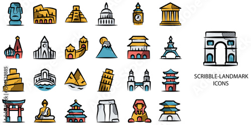 Scribble Landmark simple concept 24 hand drawn color icons set .Vector illustration.	