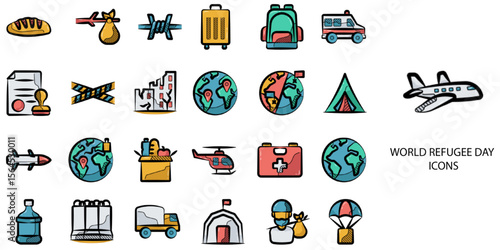 World Refuge day simple concept 24 hand drawn color icons set .Vector illustration.	