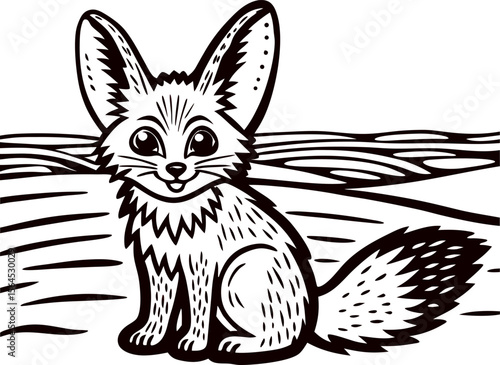 Cute fennec fox sitting on sand dunes with large ears and bushy tail in black and white line drawing