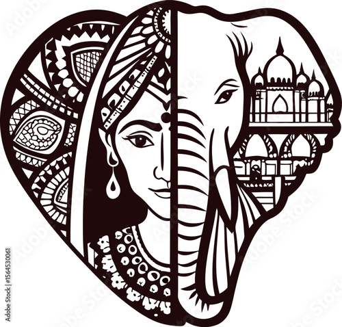 Traditional indian woman and elephant with mandala and taj mahal in heart shaped ornate  illustration
