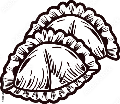 Hand drawn illustration of two traditional empanadas with crimped edges and textured surface detail