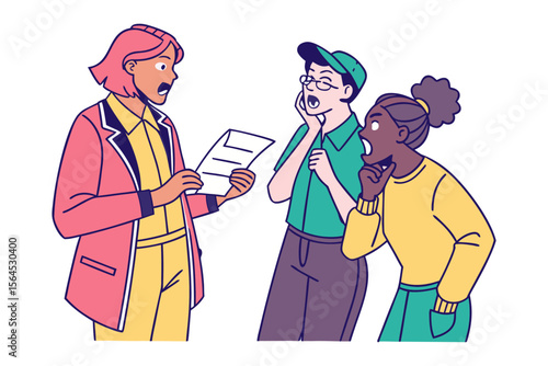 Shocked and surprised diverse group reacting to unexpected news presented on a document