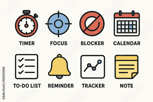 Colorful productivity icons: timer, focus, blocker, calendar, to-do, reminder, tracker, note