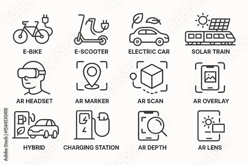 Sustainable transportation and augmented reality icons: e-bike, e-scooter, electric car, solar train