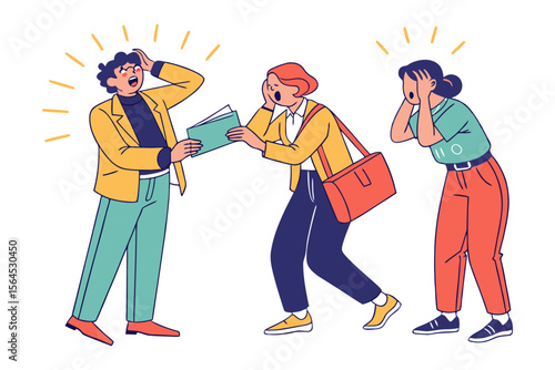 Three shocked people reacting with disbelief and surprise to unexpected news or a startling revelation