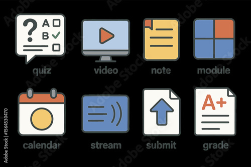 Educational icons set featuring quiz, video, note, and calendar symbols