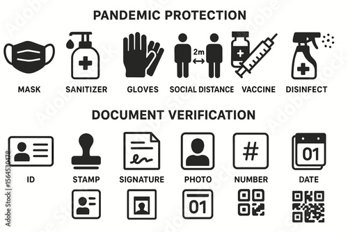 Pandemic and document verification icons showing mask, sanitizer, social distance, vaccine, id, and date