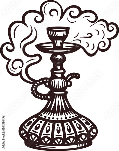 Hand drawn ornate hookah with swirling smoke isolated on white vintage engraved decorated shisha illustration