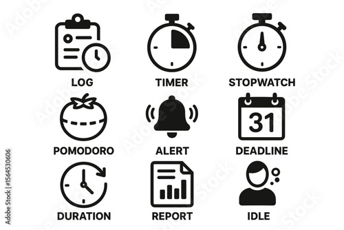 Time management icons: log, timer, stopwatch, pomodoro, alert, deadline, duration, report, idle