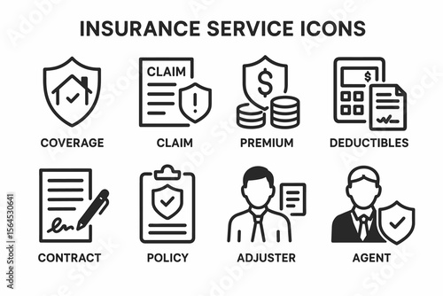 Insurance service icons: coverage, claim, premium, deductibles, contract, policy, adjuster, agent