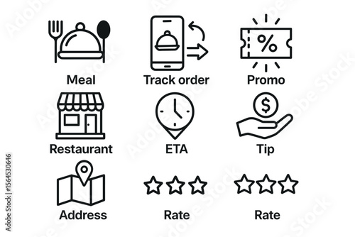Food delivery icons: meal, order tracking, promo, restaurant, eta, tip, address, rating