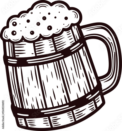 Hand drawn wooden beer mug with frothy foam vintage engraved illustration of pint tankard in rustic