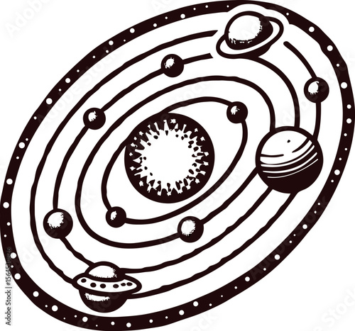 Vintage hand drawn solar system illustration with sun, planets and orbits in engraved scientific